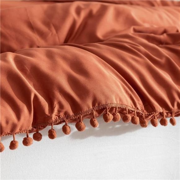 Terracotta Queen Comforter Set 3pcs Boho Ball Pom Bedding Aesthetic Burnt Orange - Picture 6 of 6
